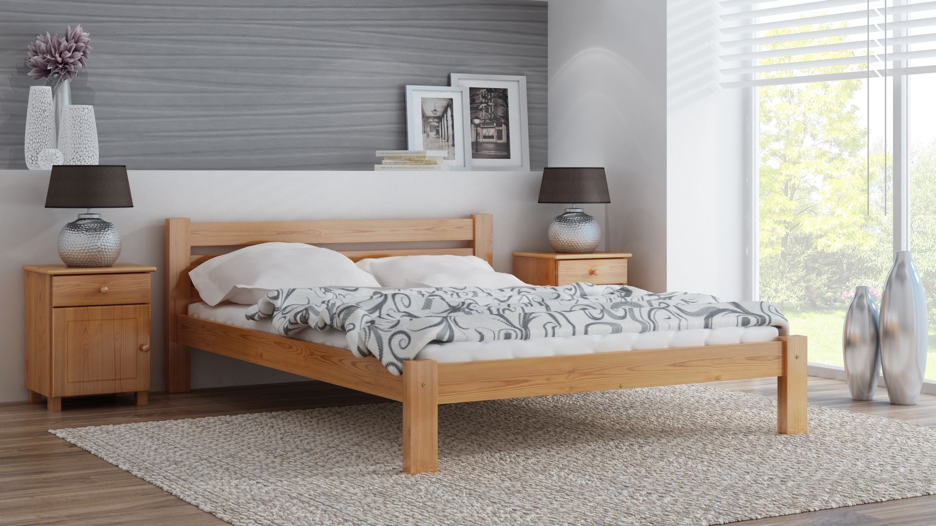 drewniane łóżko w minimalistycznej sypialni
